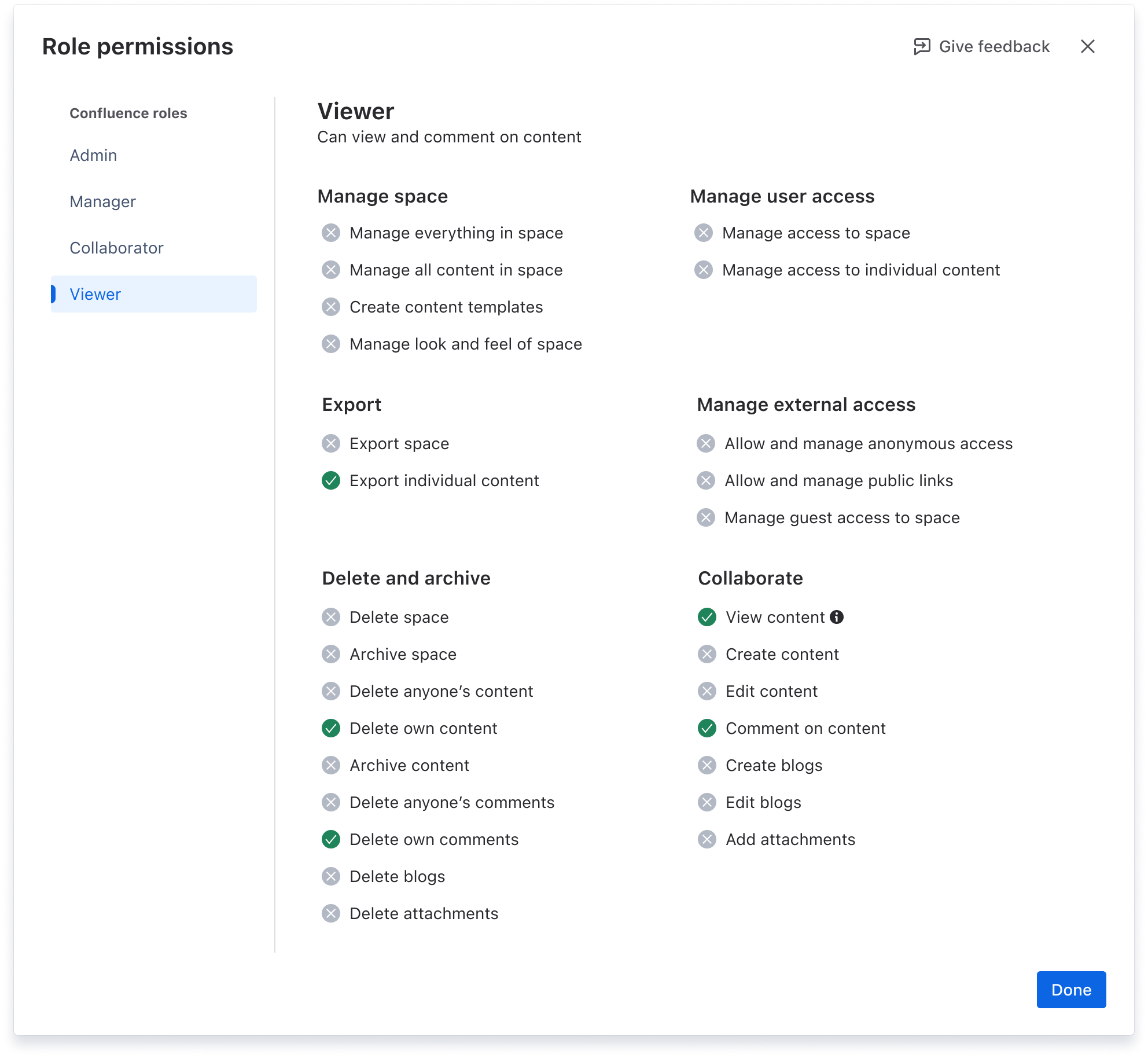 A view of the permissions available for the Viewer role.