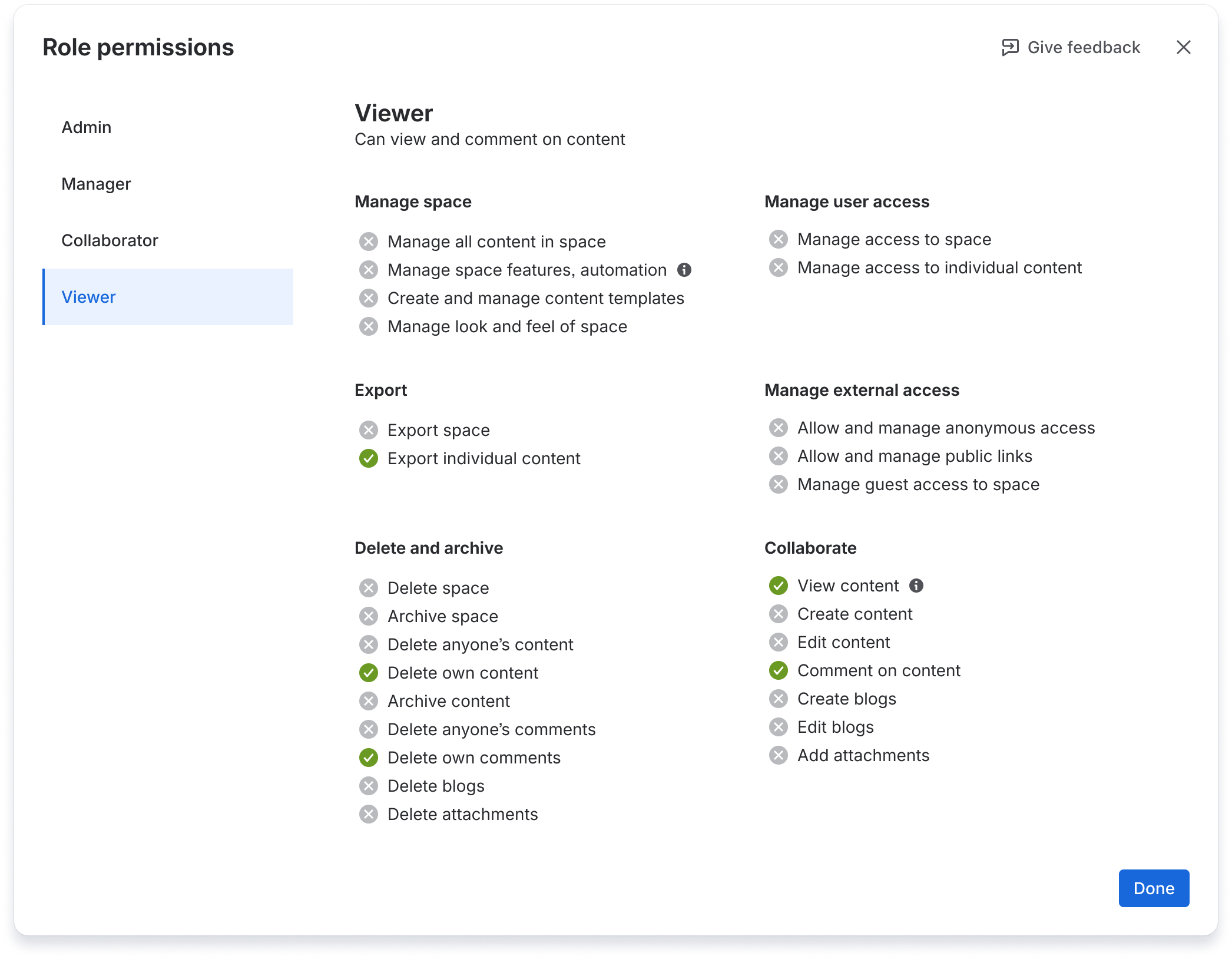 A view of the permissions available for the Viewer role.