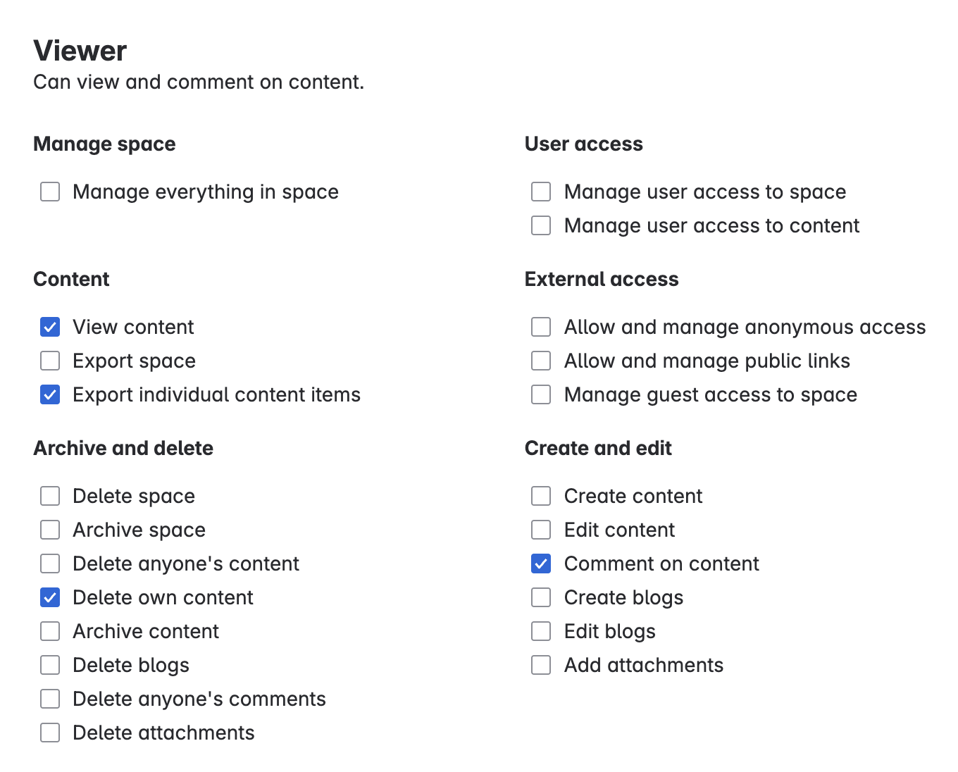 A view of the permissions available for the Viewer role.