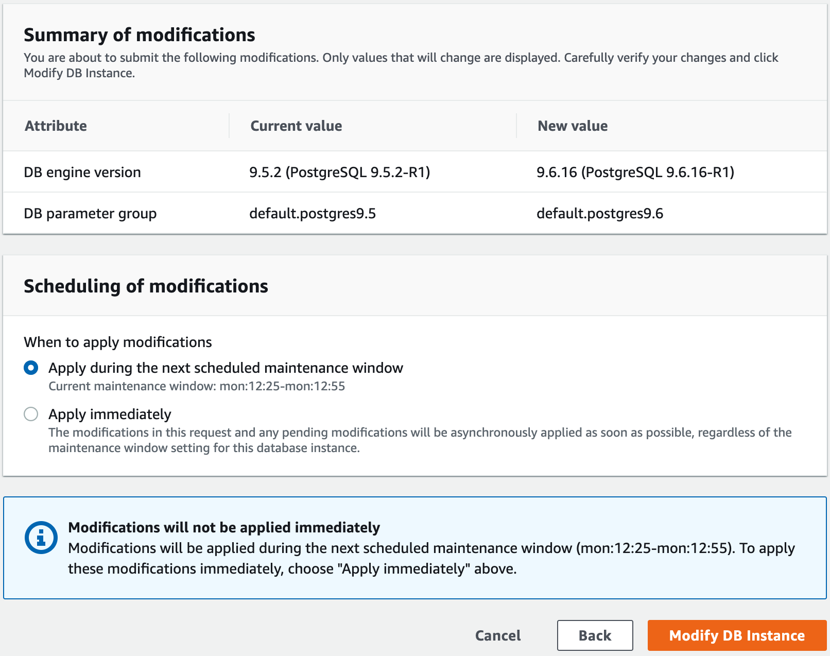 Summary of modifications for an Amazon RDS database