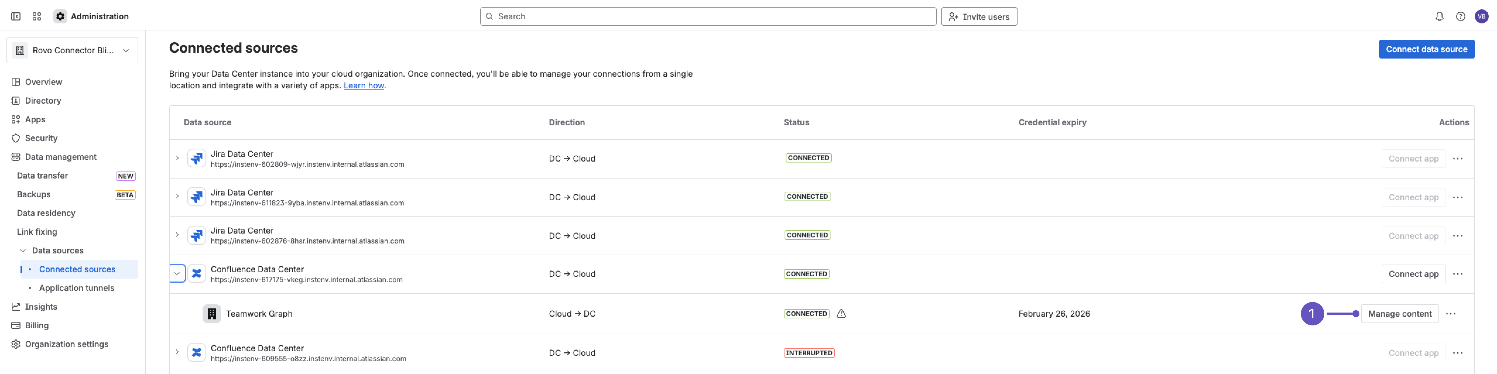 Connected sources page in Atlassian admin with option to manage content for Rovo connector