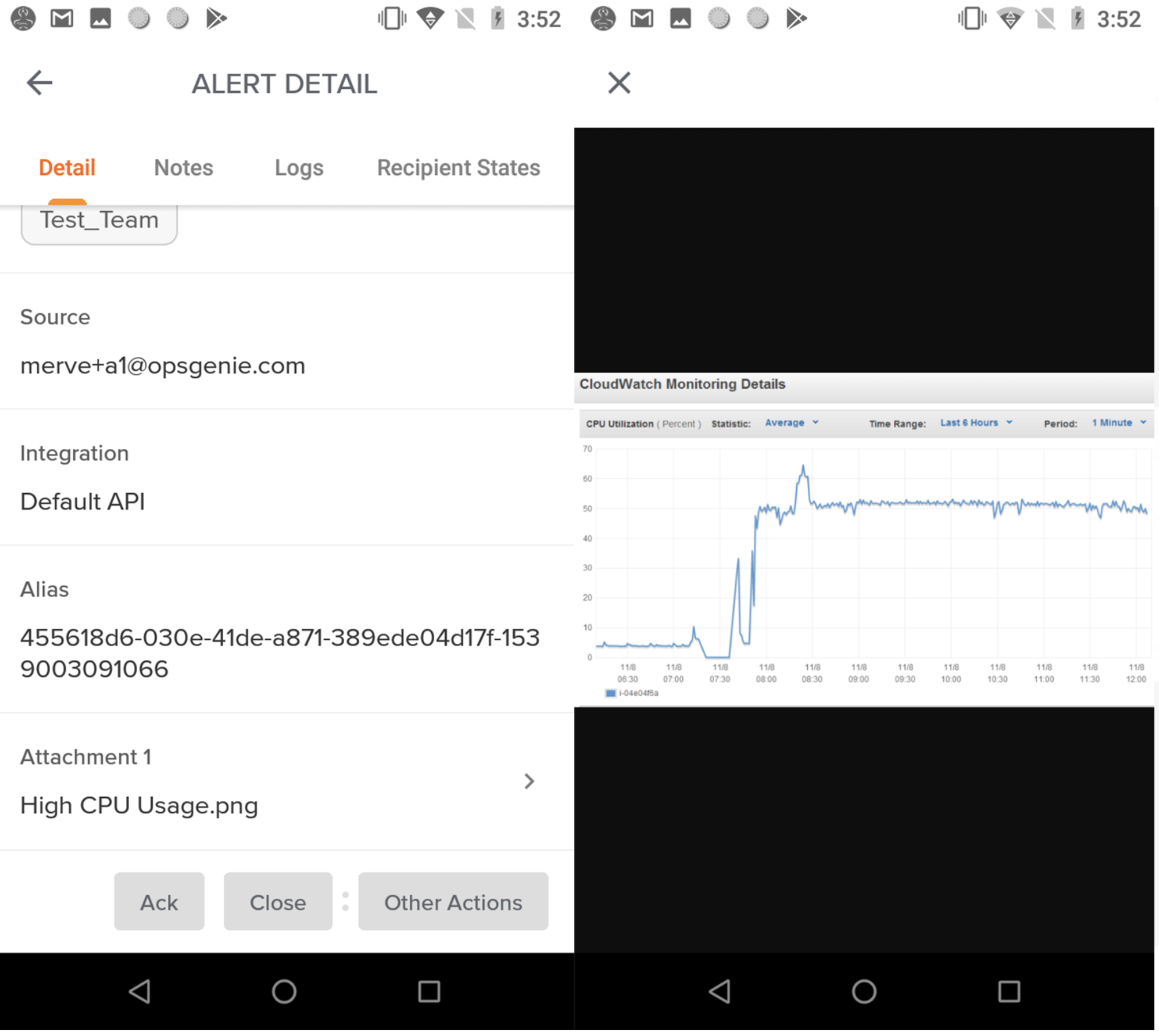 Opsgenie の Android アプリで添付ファイルをダウンロードする場所を示すスクリーンショット。