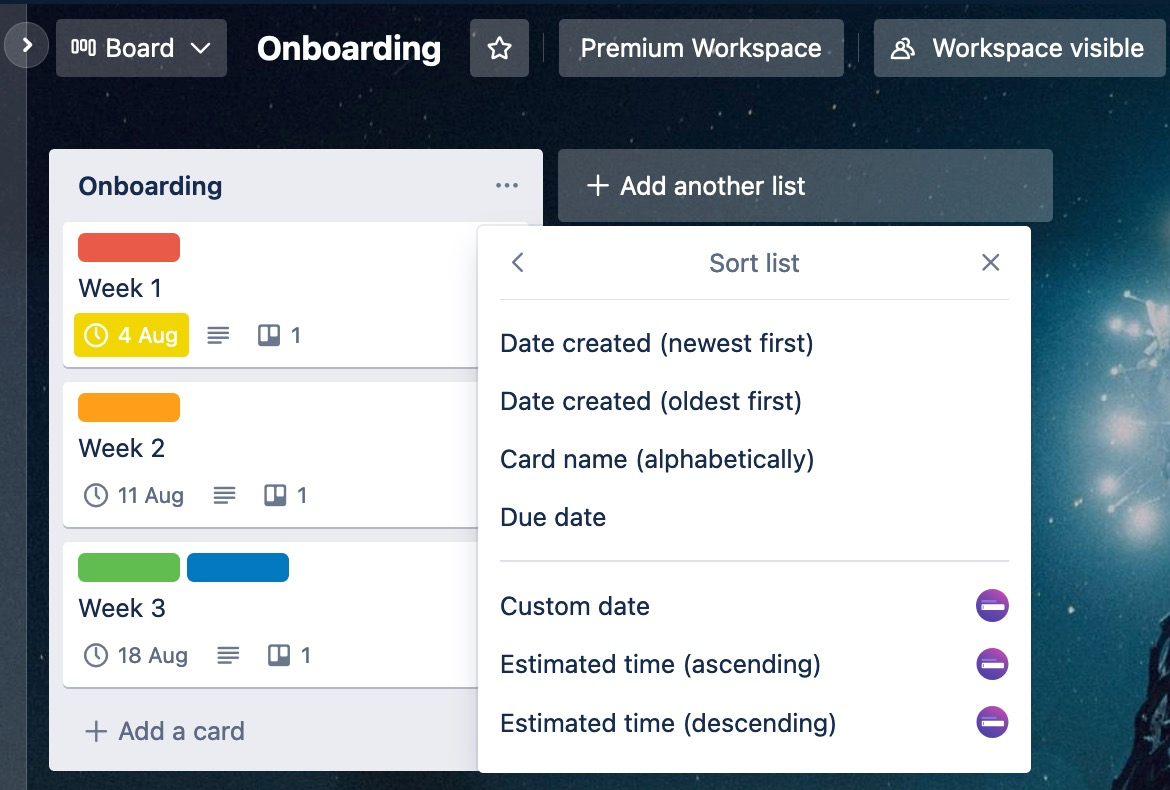 Sort a list by due date, date created, or card name.