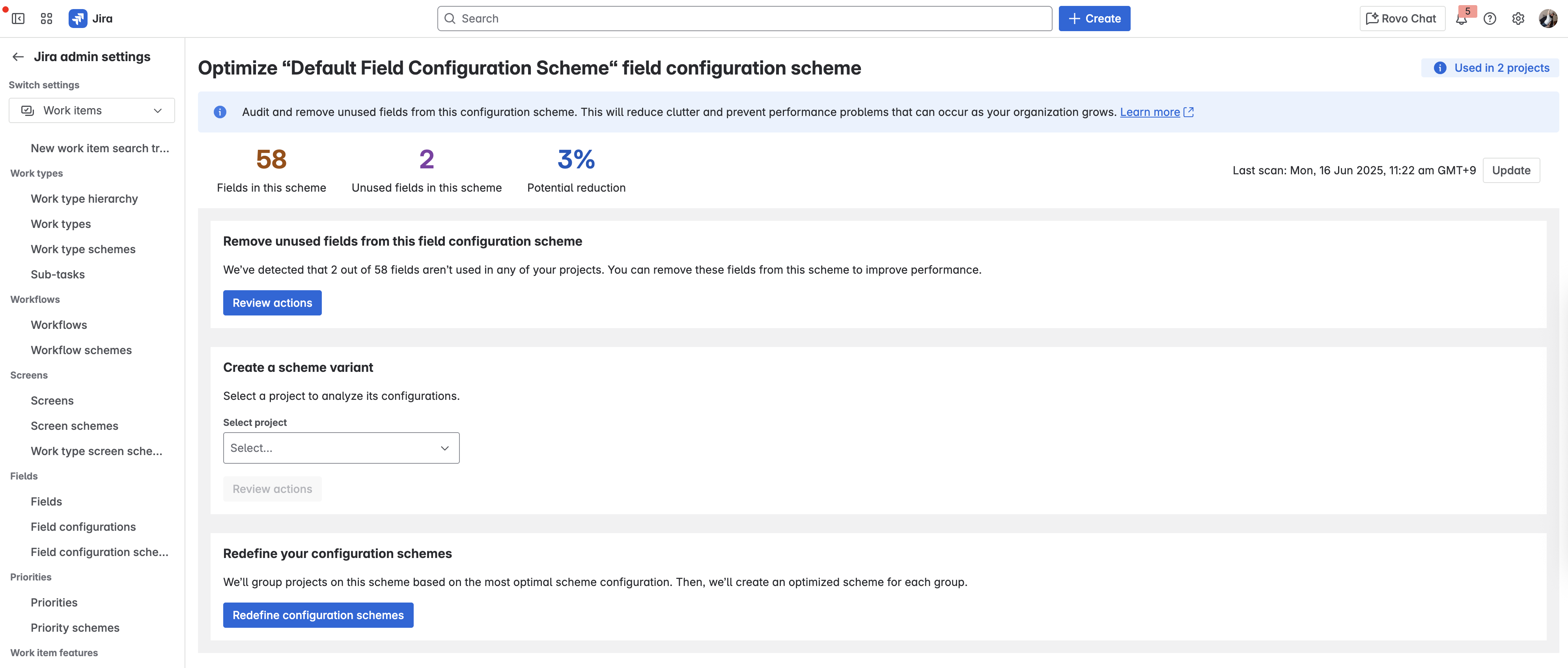 Jira admin field configuration scheme optimization