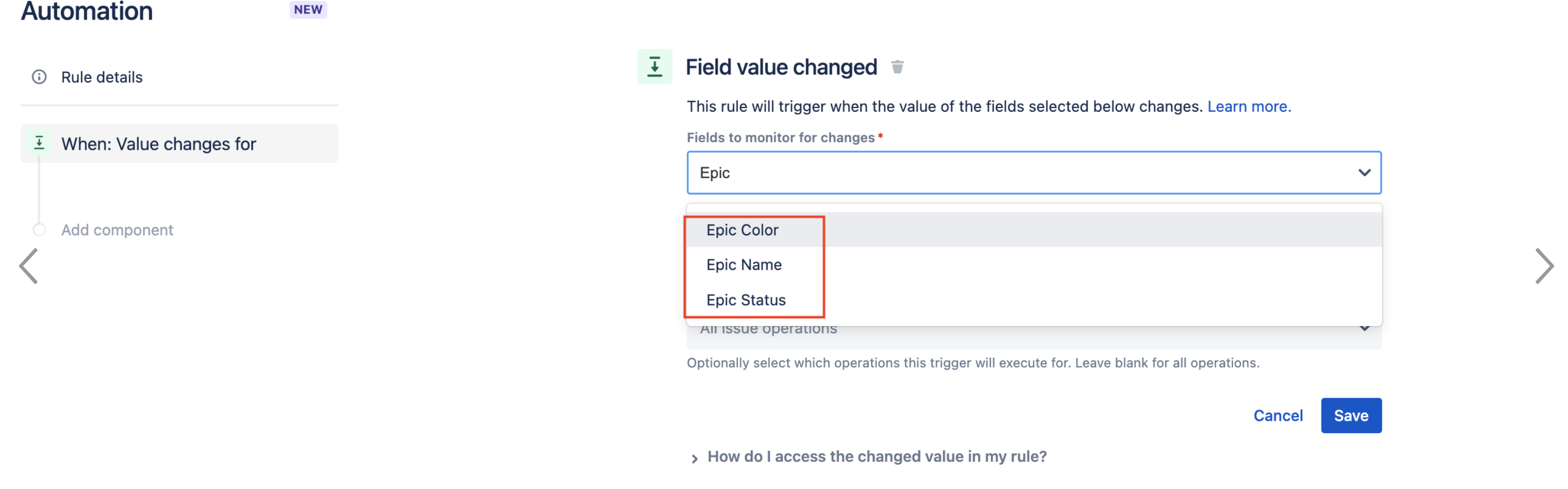 "Field Value Changed" trigger does not have "Epic Link" field present