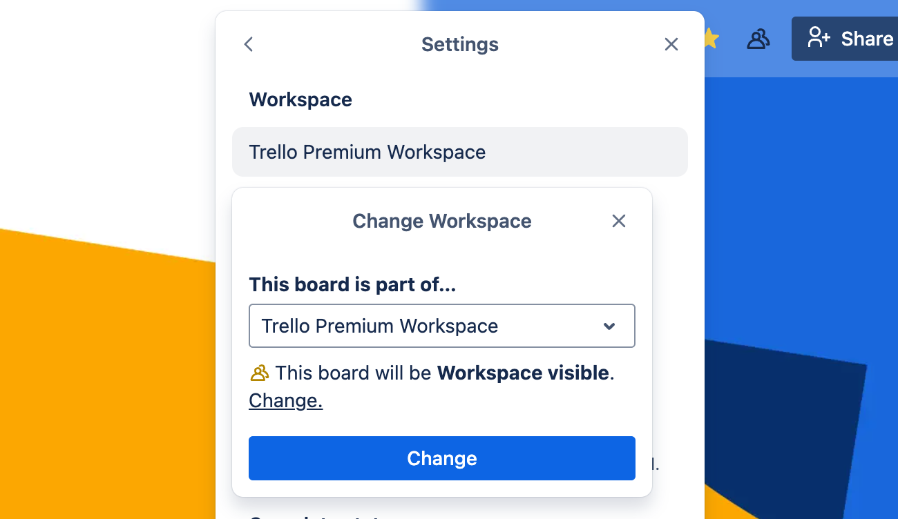 The board menu showing the Settings section, with the option to change the Workspace the board is part of.