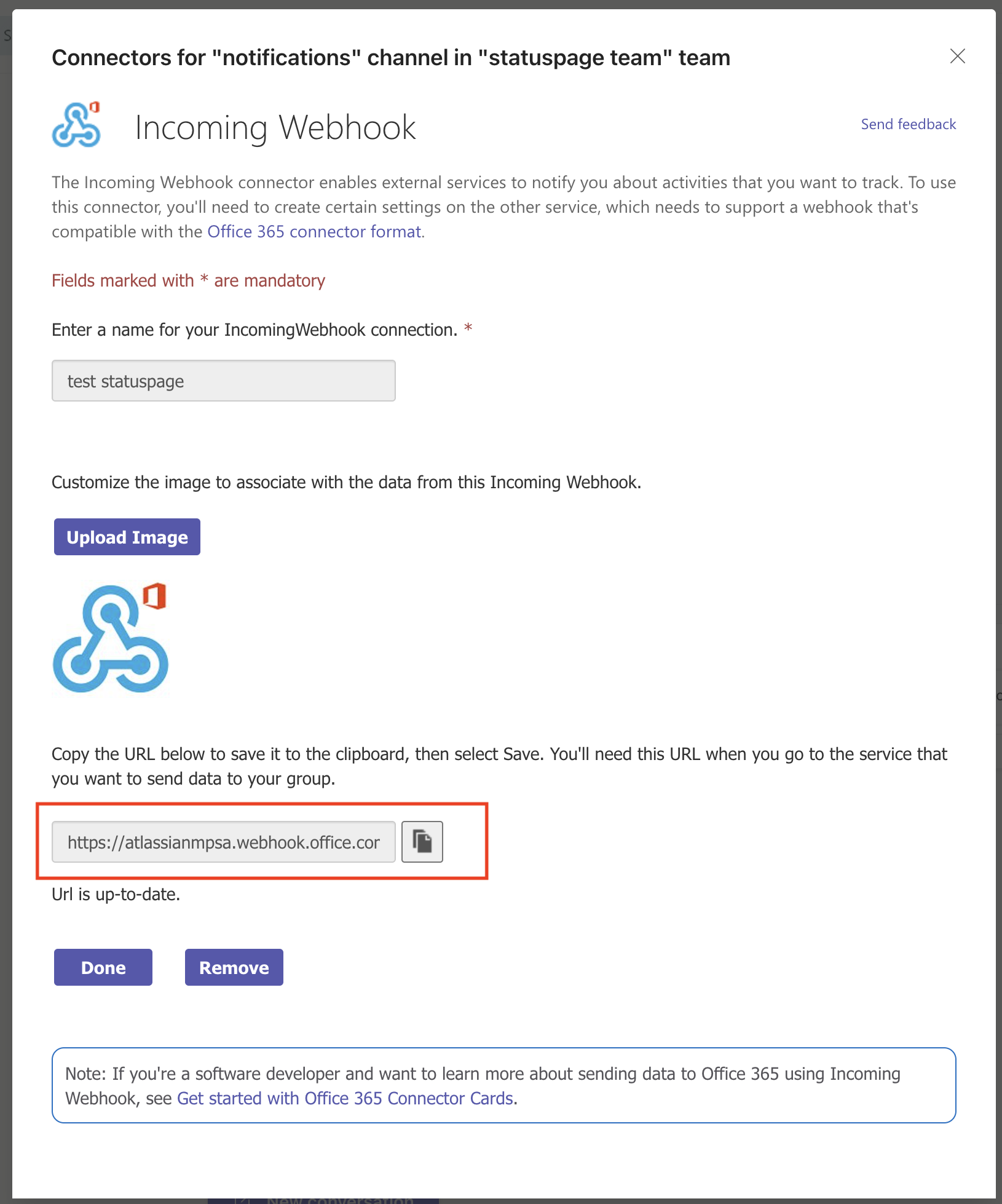 Microsoft Teams の受信 Webhook 設定画面で、URL のコピー オプションが強調表示されています。