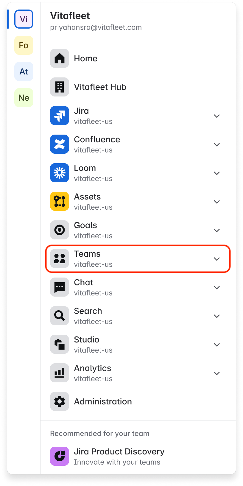 Atlassian App Switcher highlighting the Teams app.