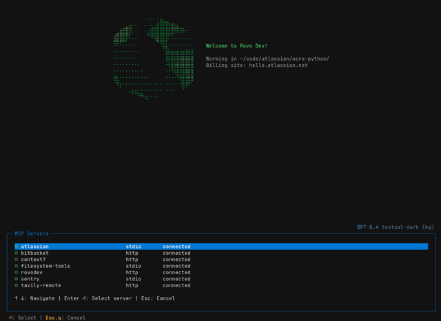 Rovo Dev has an interactive menu to display MCP server status