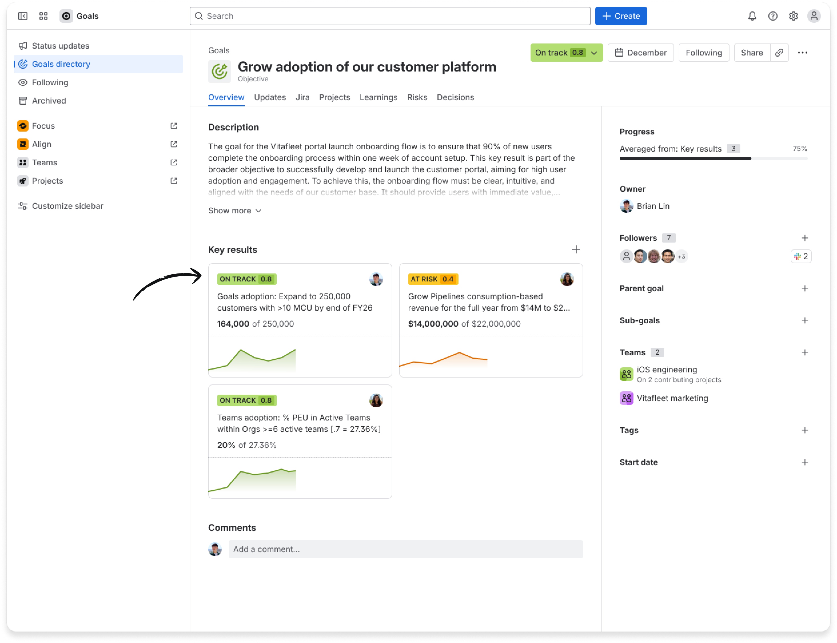 Goal overview page showing a section titled "Key results"