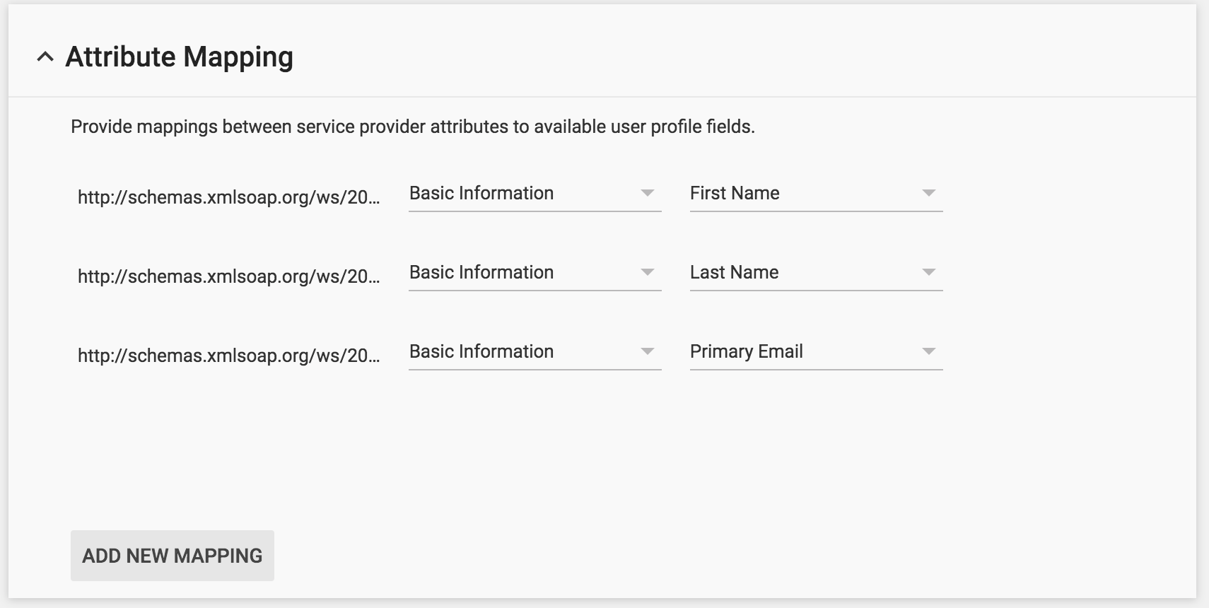 Screenshot of Attribute mapping where you can map service provider attributes to available user profile fields
