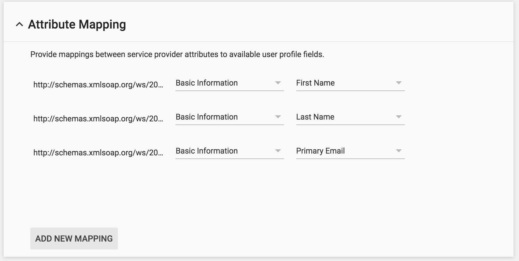 スクリーンショット: 利用可能なユーザー プロファイル フィールドにサービス プロバイダーの属性をマッピングできる属性マッピング
