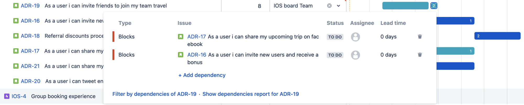 View all of the dependencies attached to an issue in Advanced Roadmaps for Jira Software Cloud