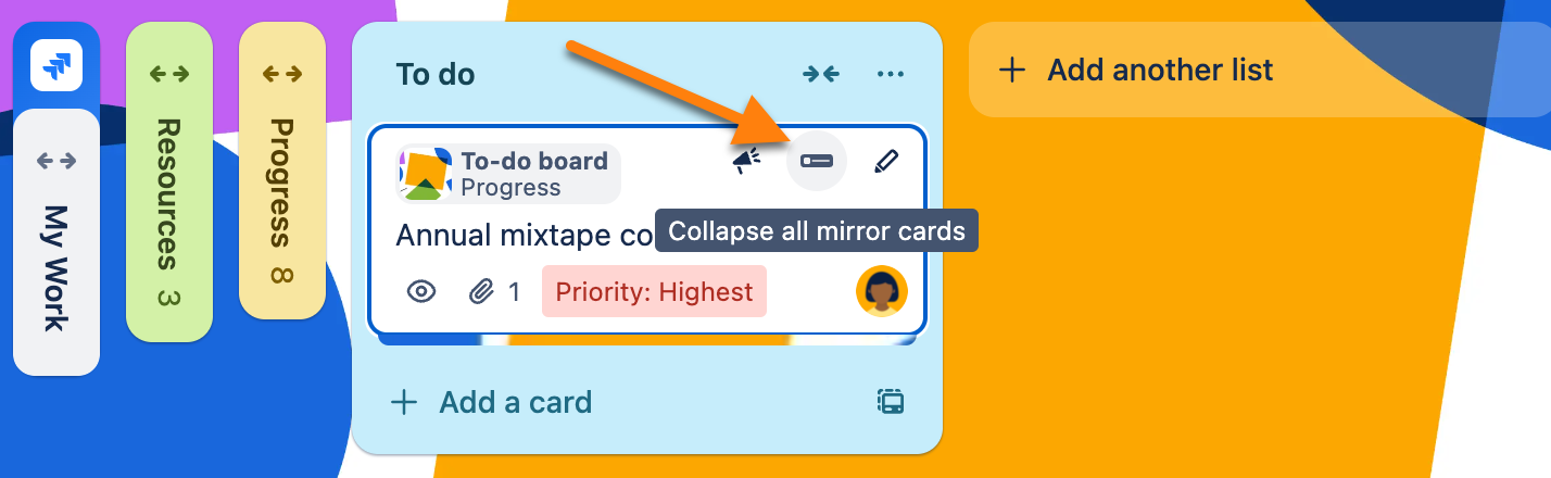 A Trello mirror card, with the collapse or expand all mirror cards button highlighted