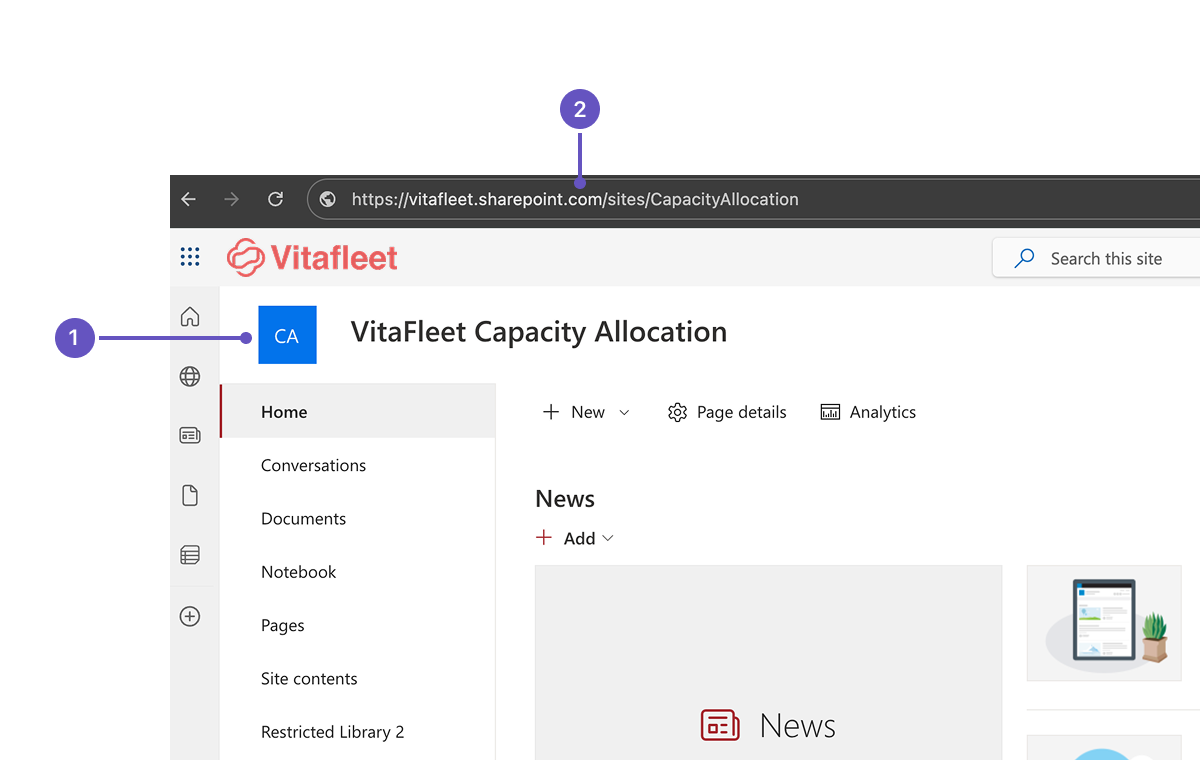 Screenshot of navigating to a site or subsite in SharePoint, and copying the value from the URL. 