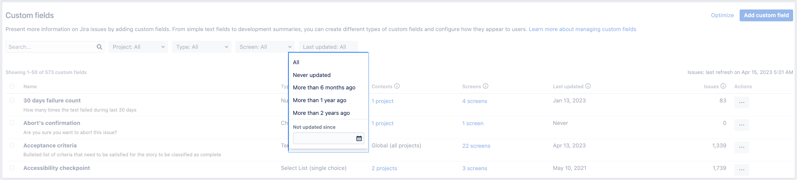 Custom fields page, with the Last updated column highlighted.