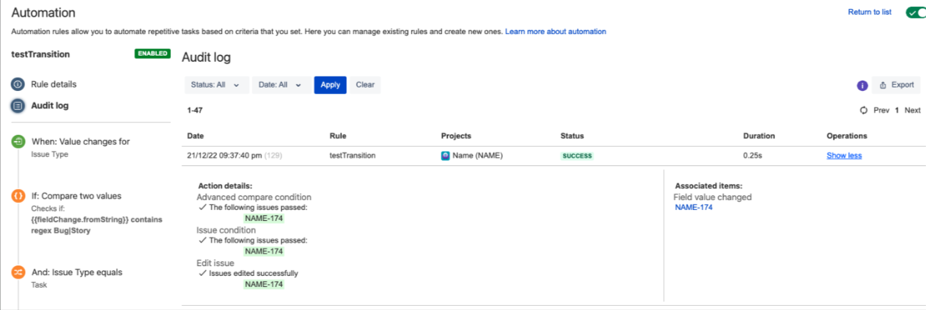 Check for result in audit log