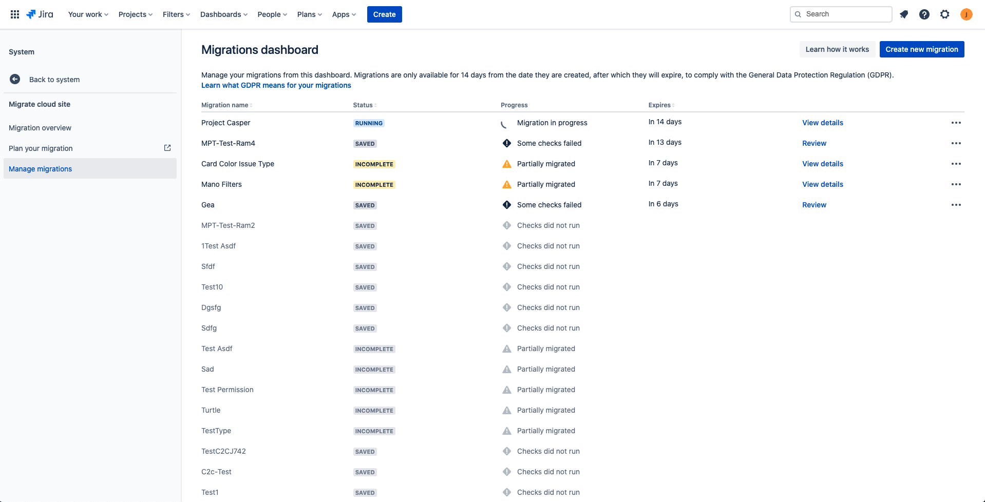 Jira Cloud の移行ダッシュボードのスクリーンショット