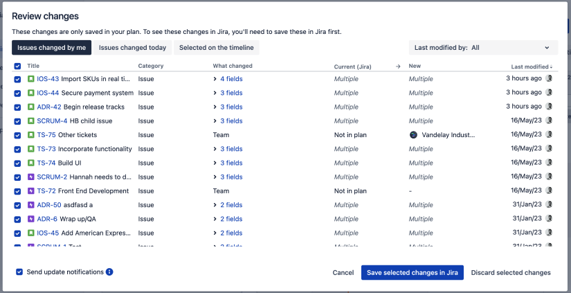 Advanced Roadmaps for Jira Software Cloud で [変更を確認] モーダルを使用して、計画に加えた変更を保存する方法。