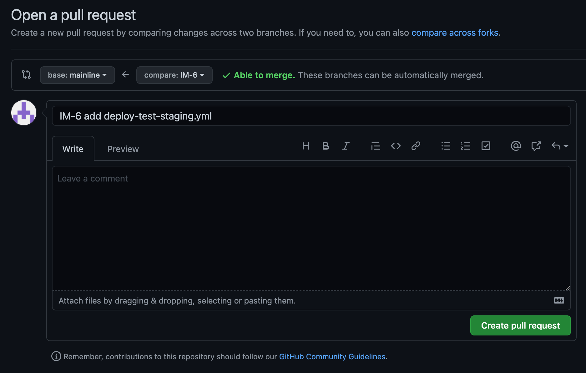 screenshot of creating pull request in github