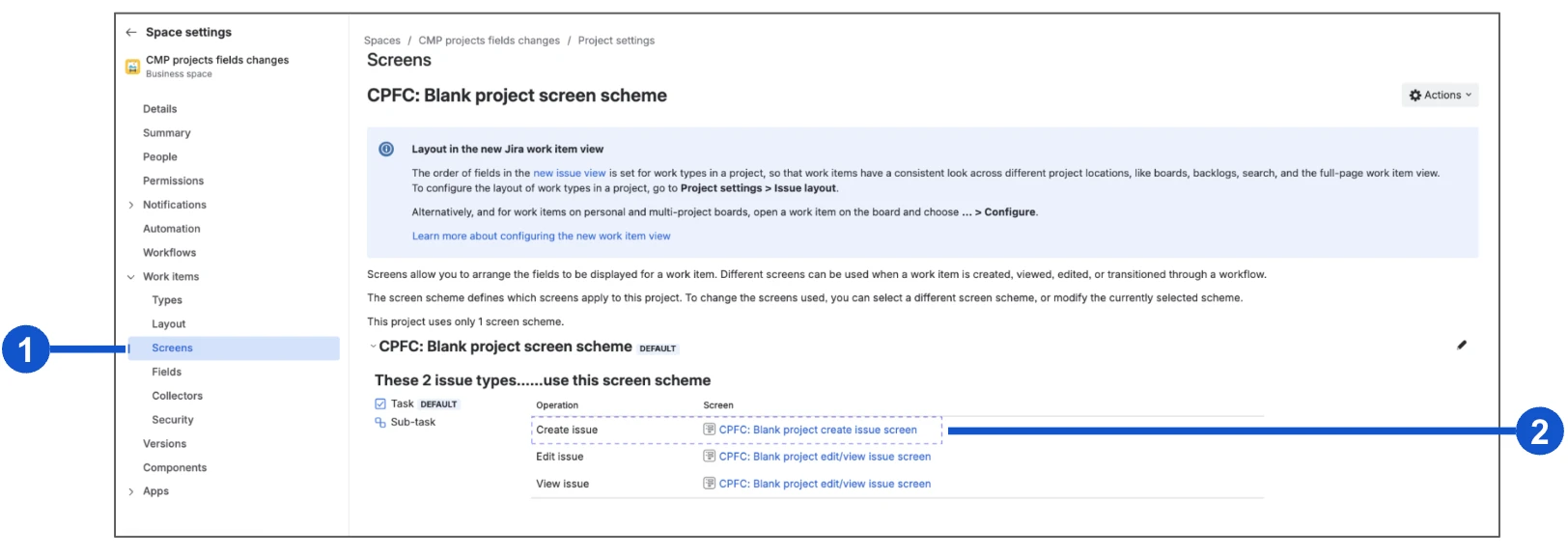 The screens settings in Jira