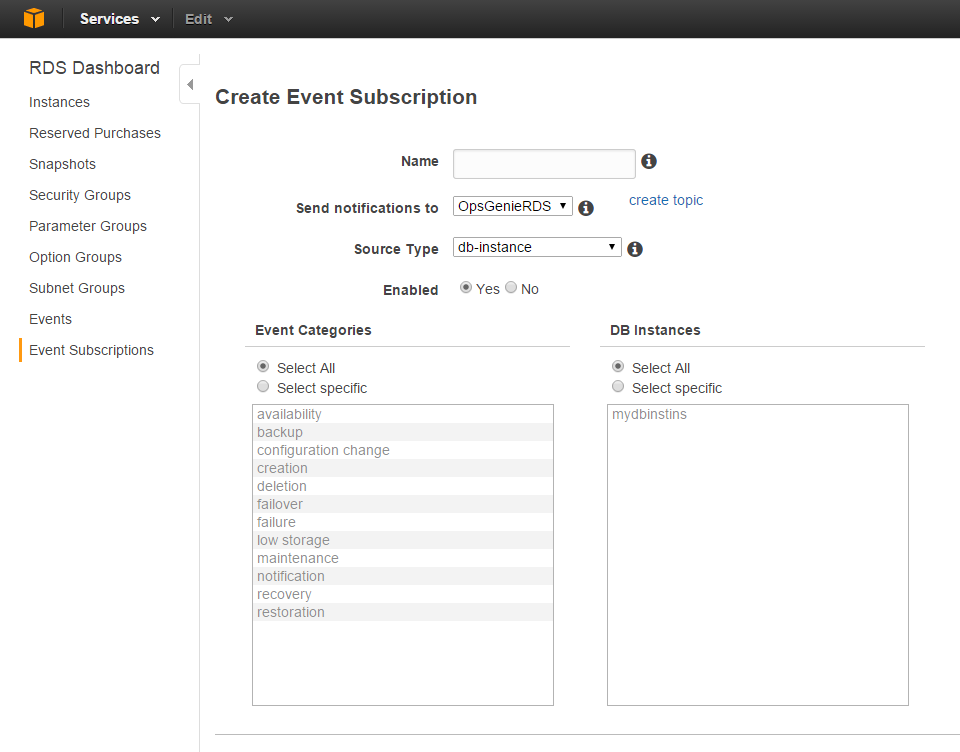 Amazon RDS Event Subscription