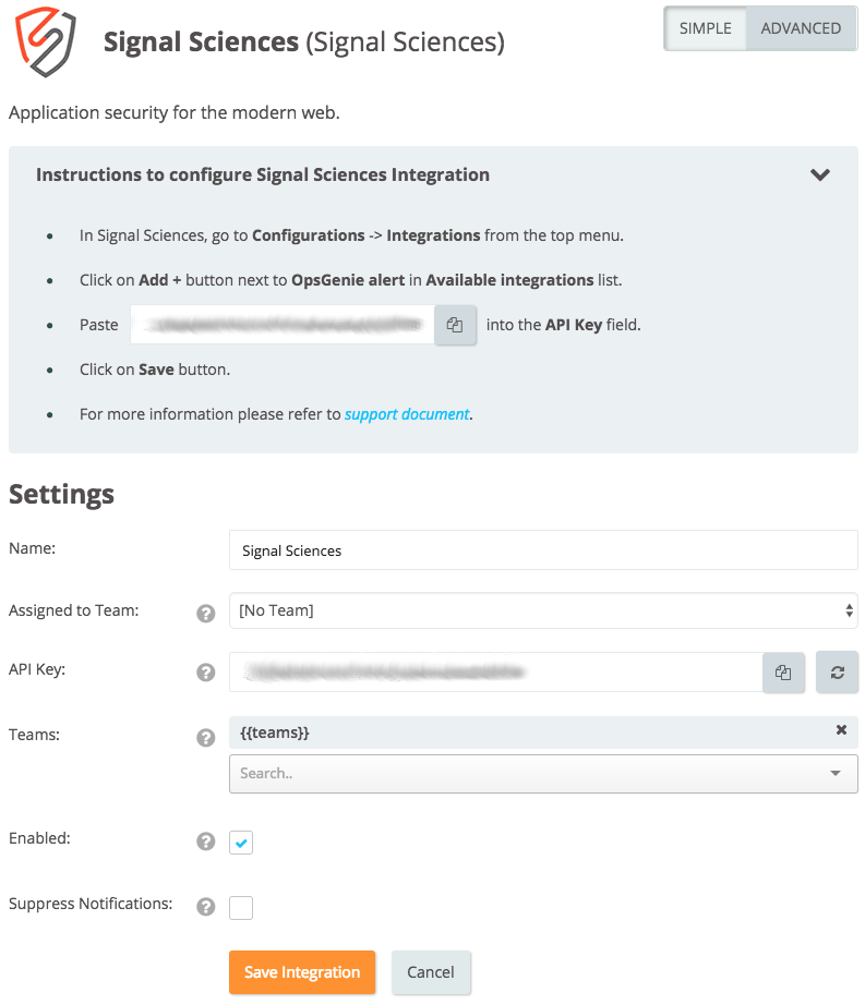 Signal Sciences Integration Settings