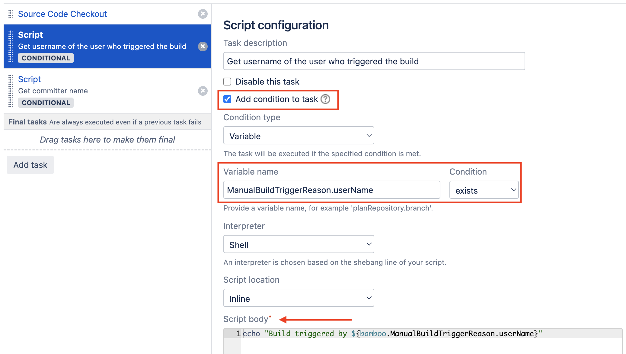 Script task to get username of the user who triggered a Bamboo build