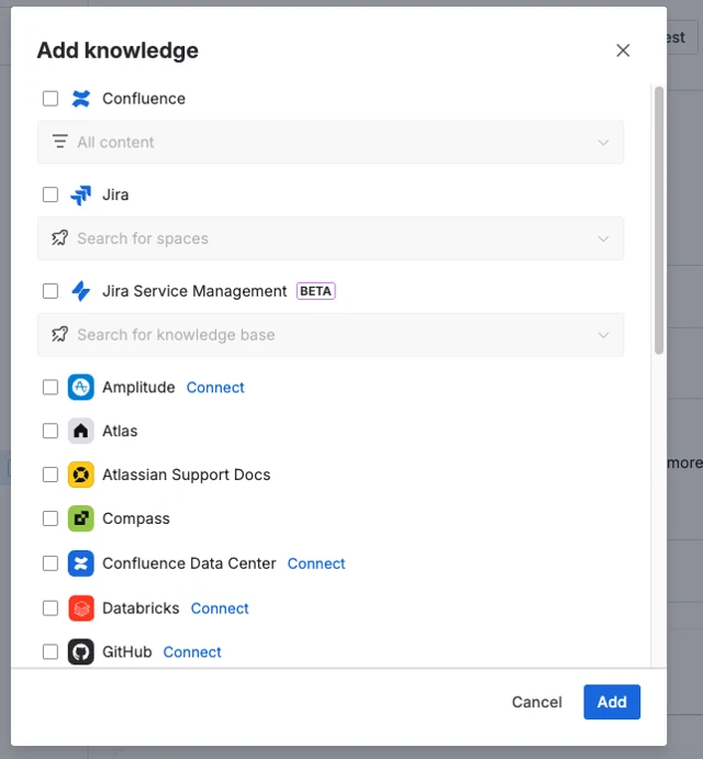 A list of apps shows Confluence, Jira, and JSM at the top - with fields to search for spaces. Third-party apps are below.