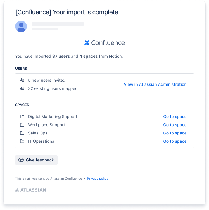 A success email for importing Notion content into Confluence showing the users and spaces that were imported.