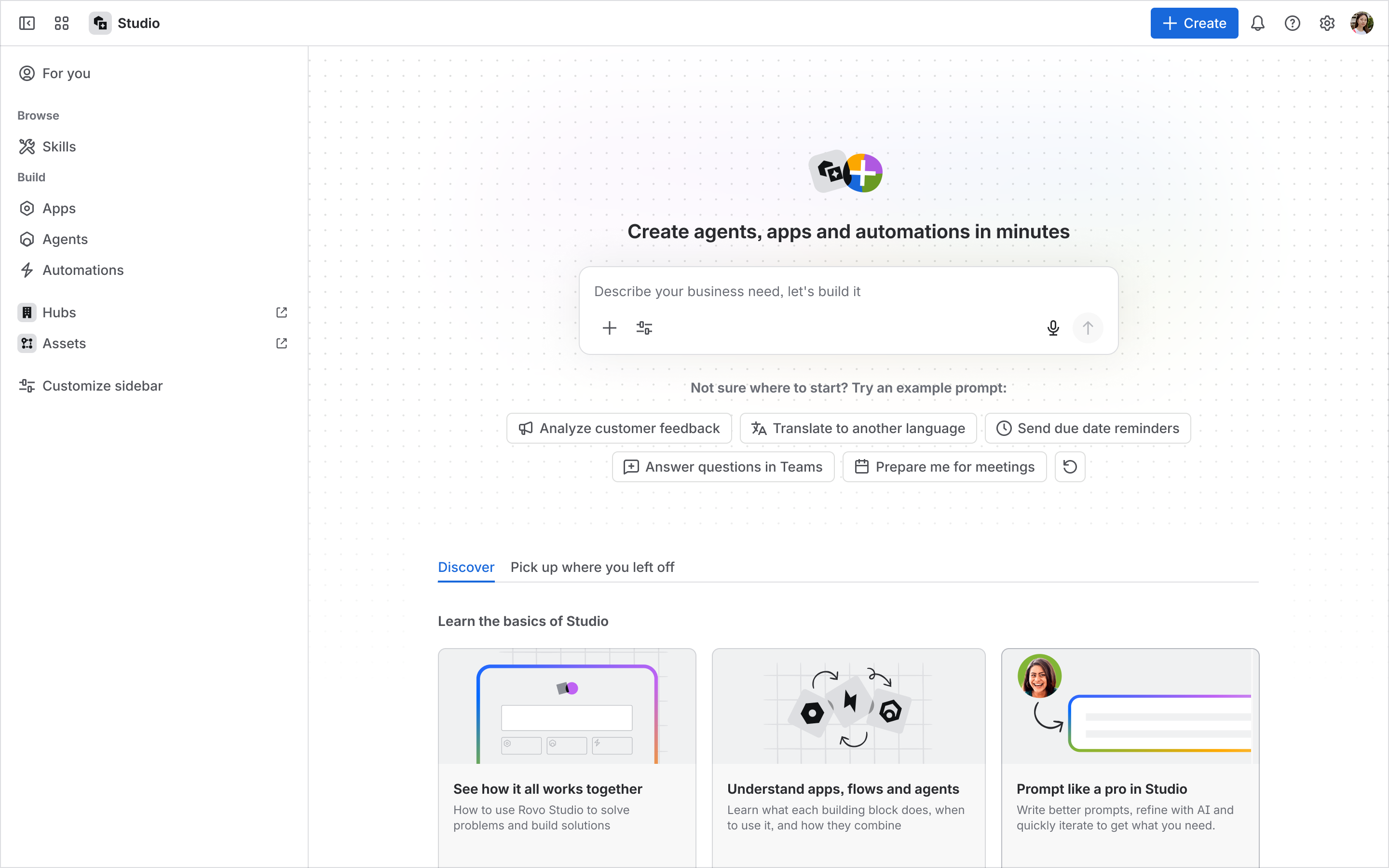 Screenshot of the Studio landing page. A prompt box asks the user to describe their need. Include agents, app, automations