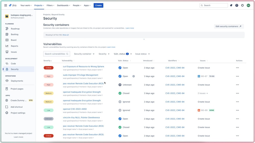 The security feature in Jira, showing connected security containers and security vulnerabilities