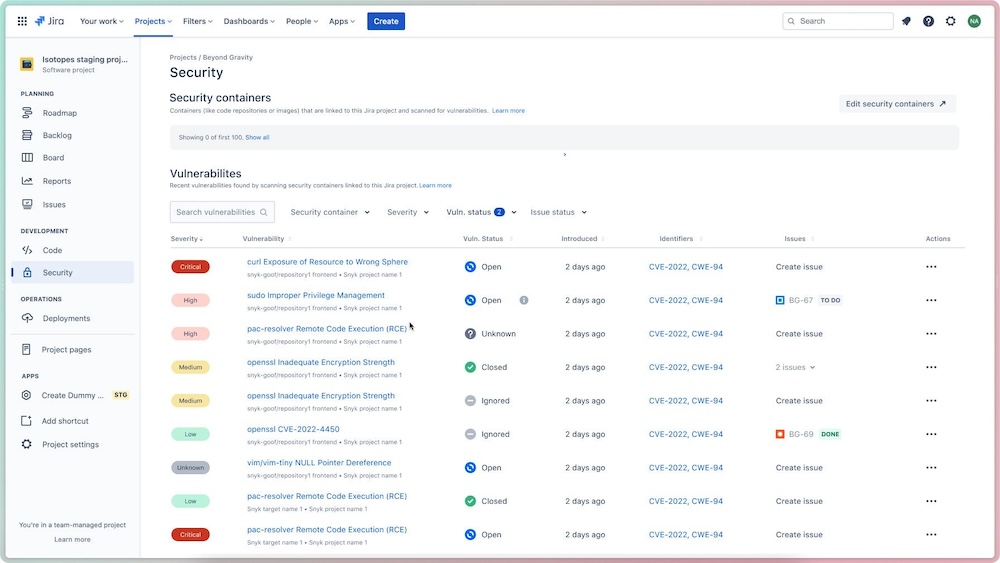 接続されているセキュリティ コンテナーとセキュリティ脆弱性を示す Jira のセキュリティ機能