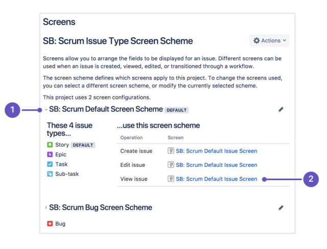 The scrum issue type screen scheme, highlighting the expand and collapse function and edit link.