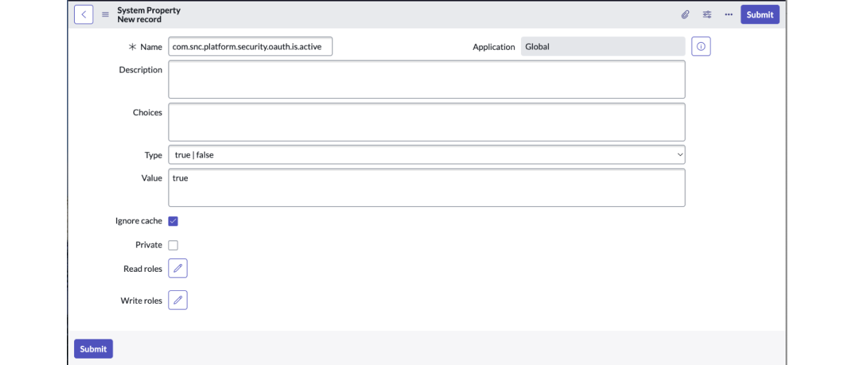 Screenshot of creating new service record for oauth