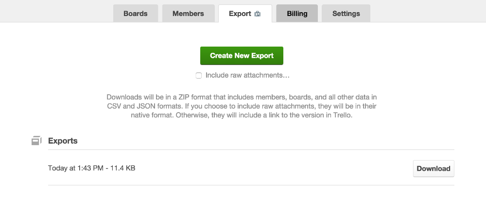 Export tab with the option to create one under a workspace in Trello