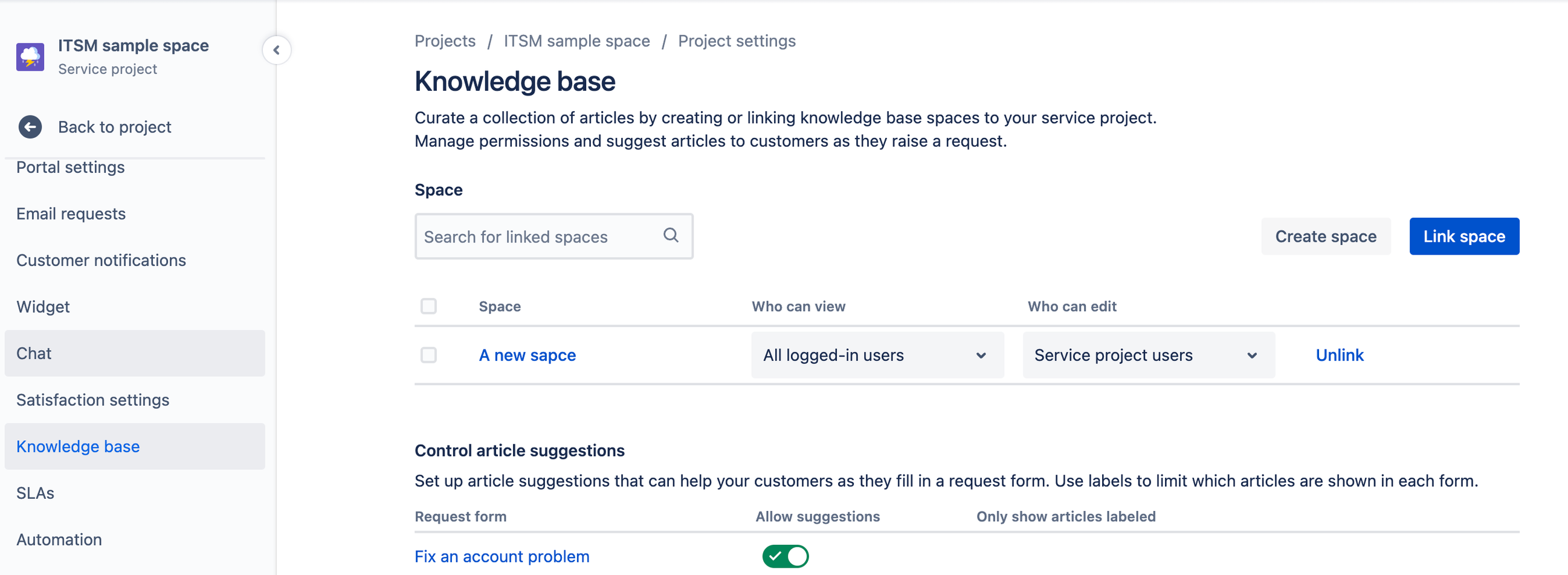 The Jira Service Management project settings page with the Knowledge base tab selected.