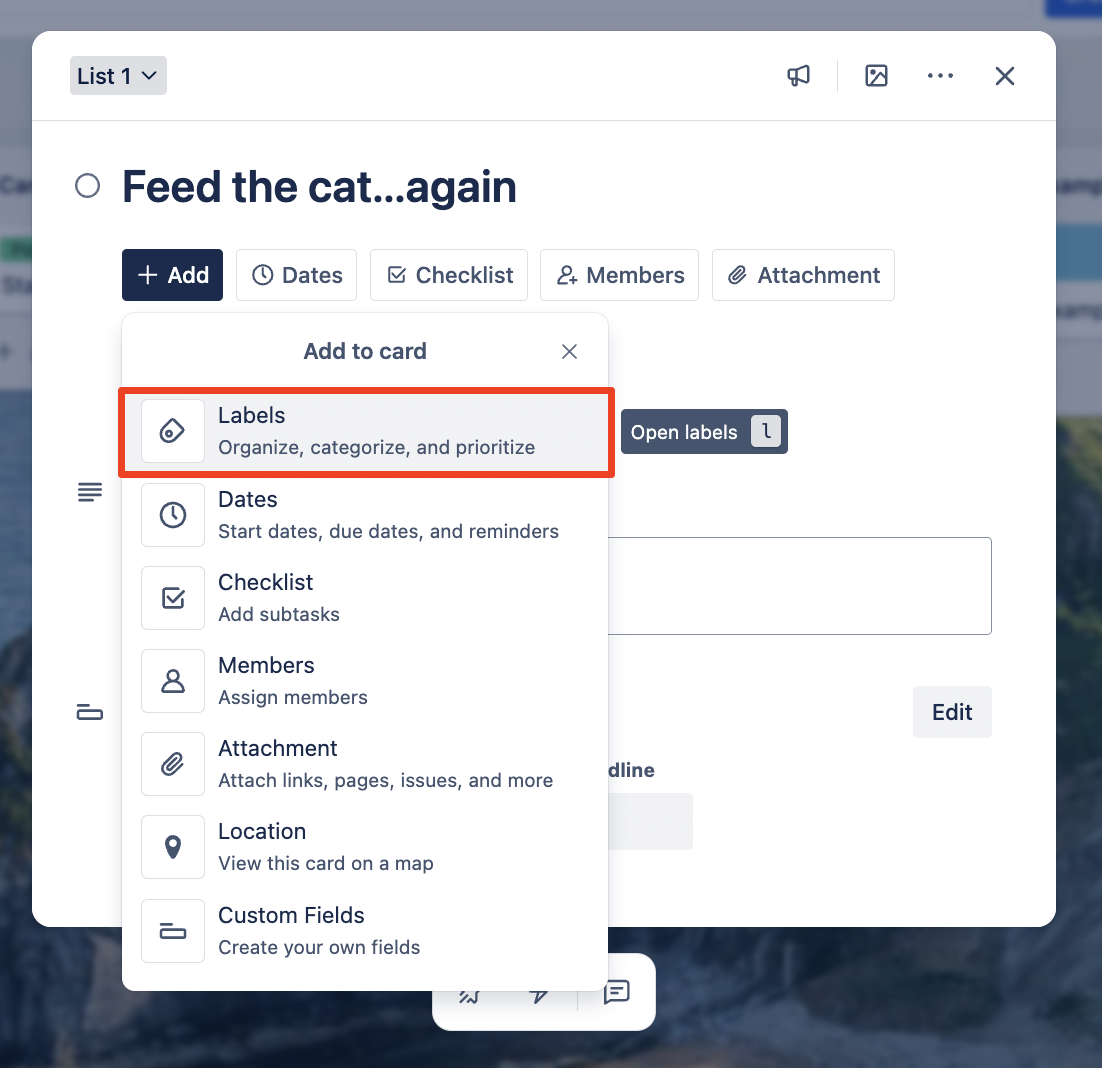 Image with an open menu highlighting the option "Labels"