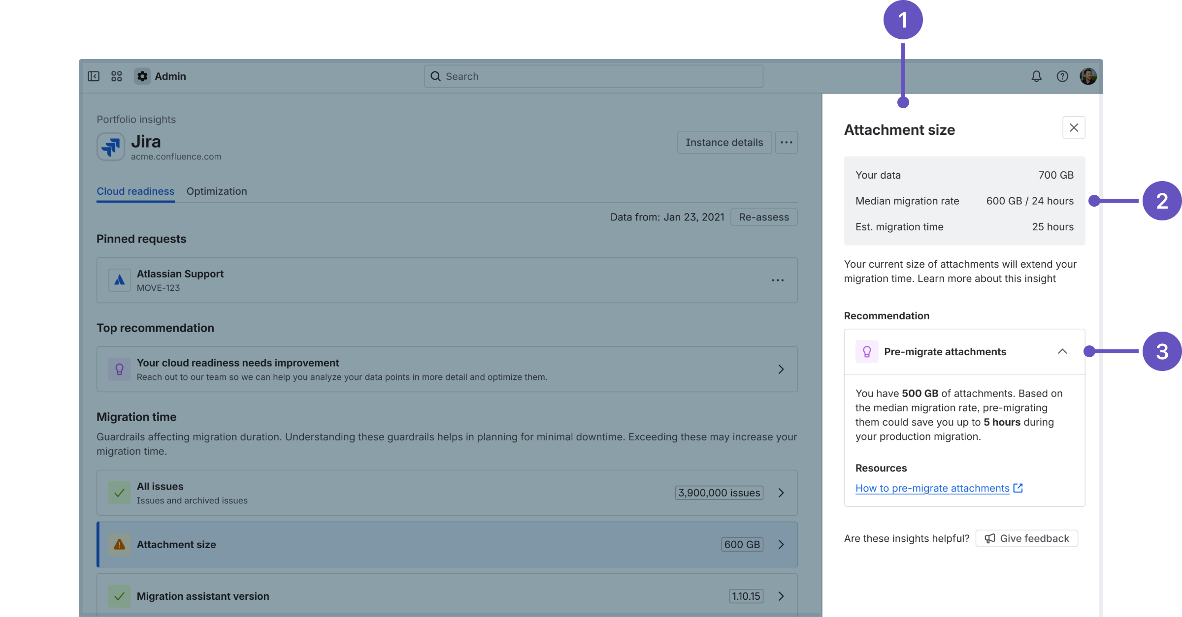 Sample Jira insight in the right hand-panel, with annotated elements: Insight, Your data, Recommendation