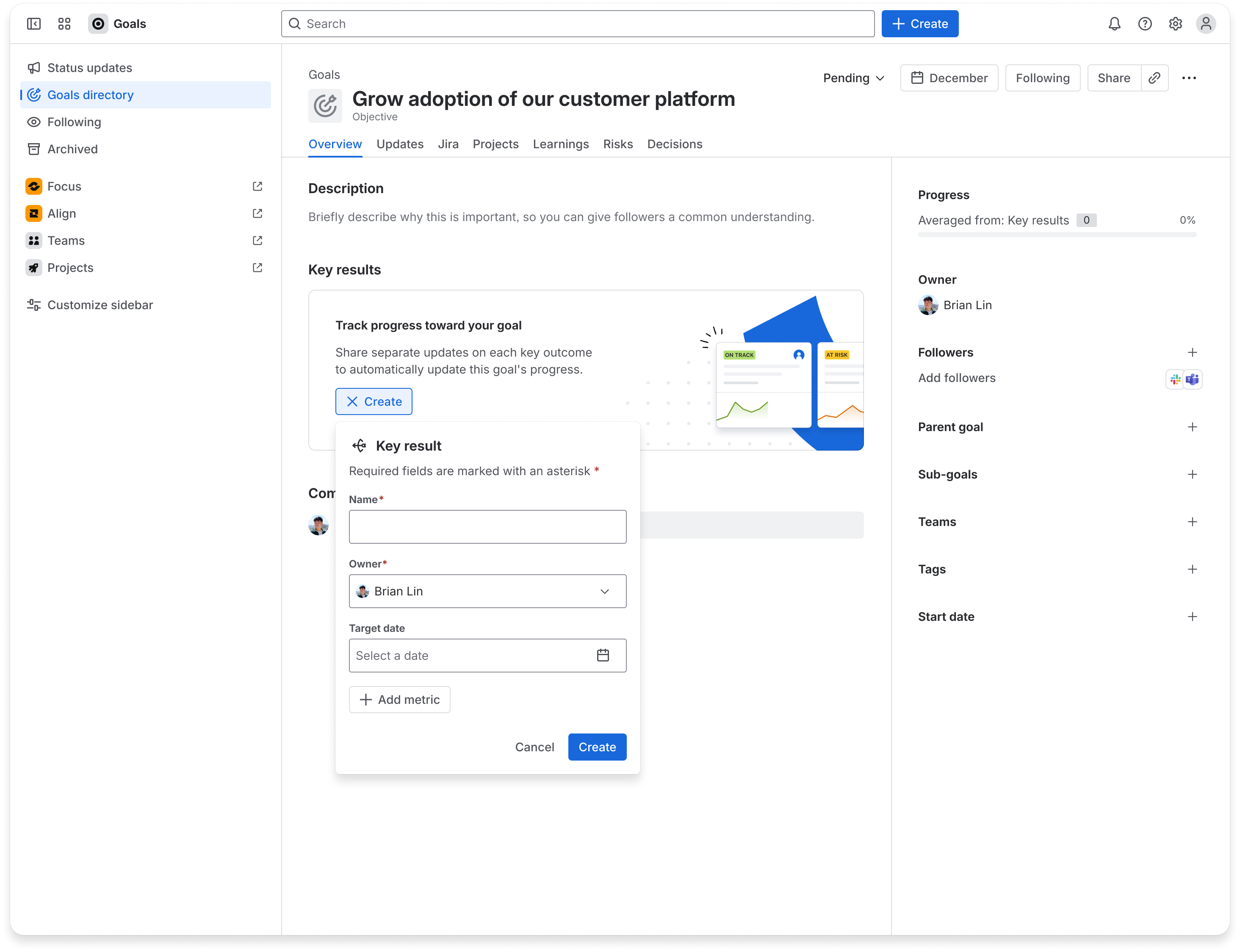 Screenshot of creating a success measure in Goals