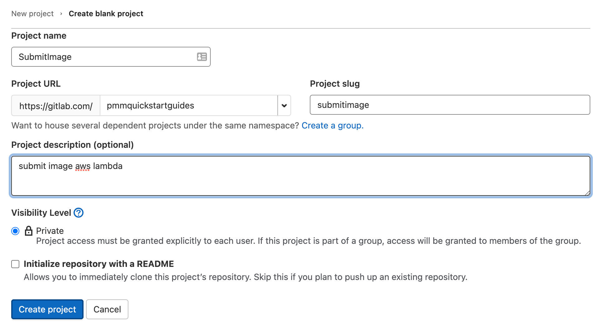 screenshot of creating new project "submitimage" in gitlab