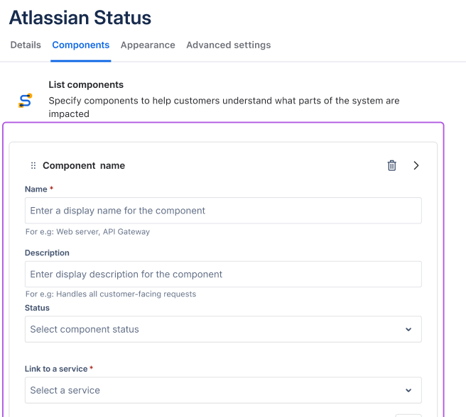 To add components in status page