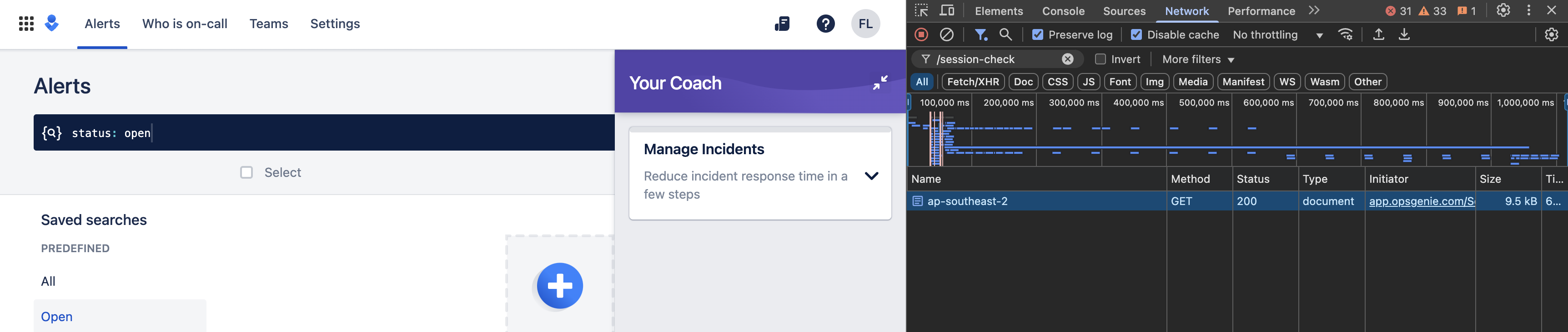 Opsgenie Alerts page open in a browser, the browser web developer tools are open and the Network tab is selected. In the Network tab, the calls are filtered by "/session-check" - there is 1 request filtered. The name of the call shows the Opsgenie region.