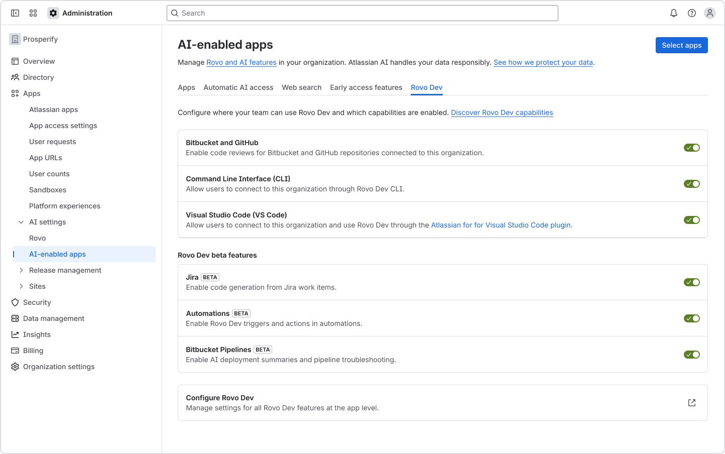 The settings section for AI-enabled apps in Atlassian Administration
