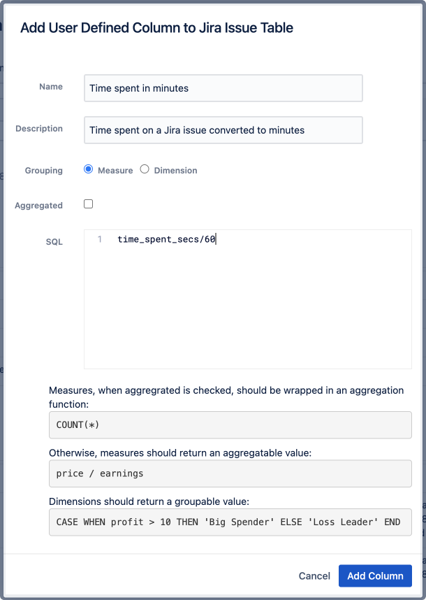 Custom column to convert time spent from seconds to minutes