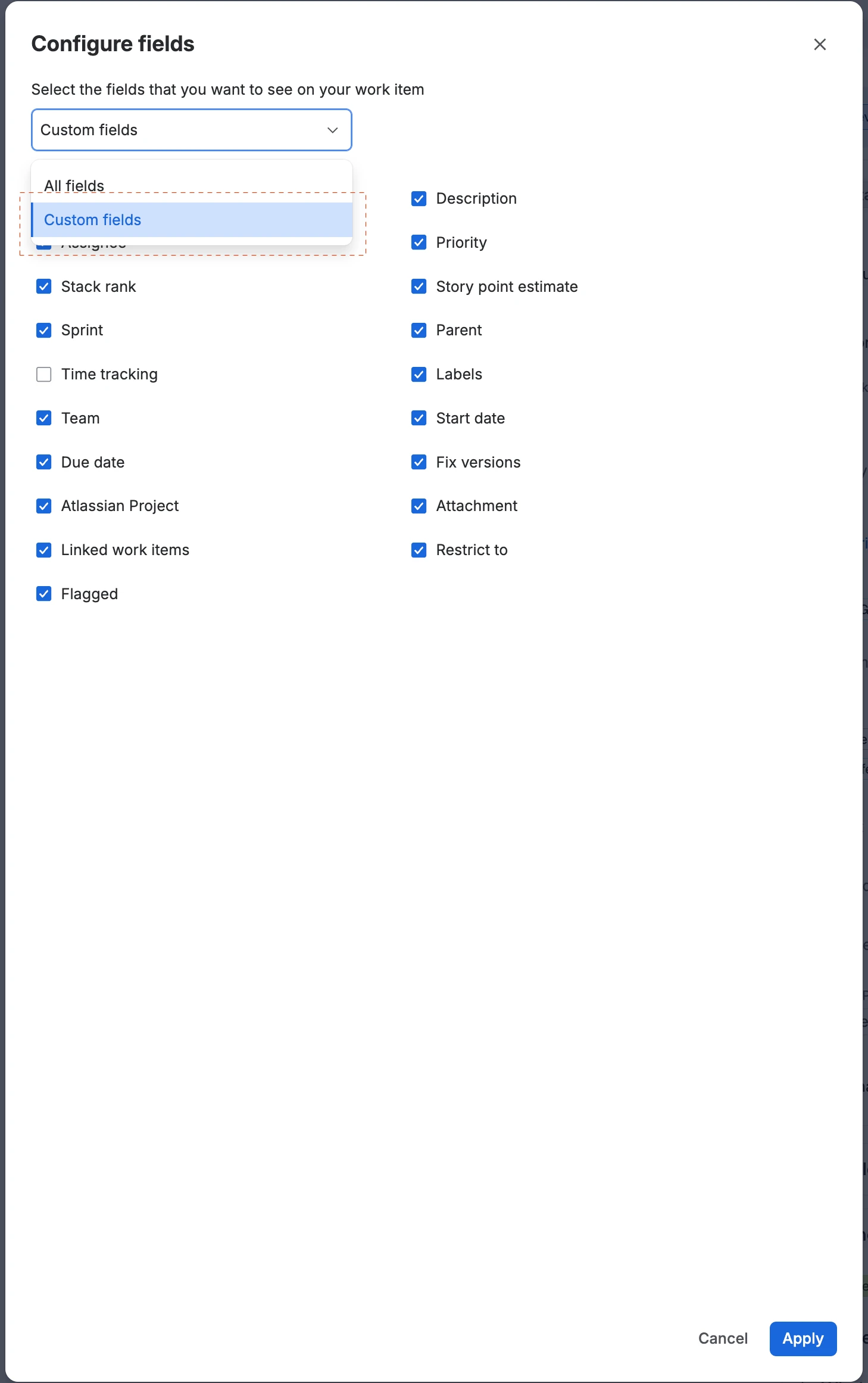 The fields you can configure in a work item