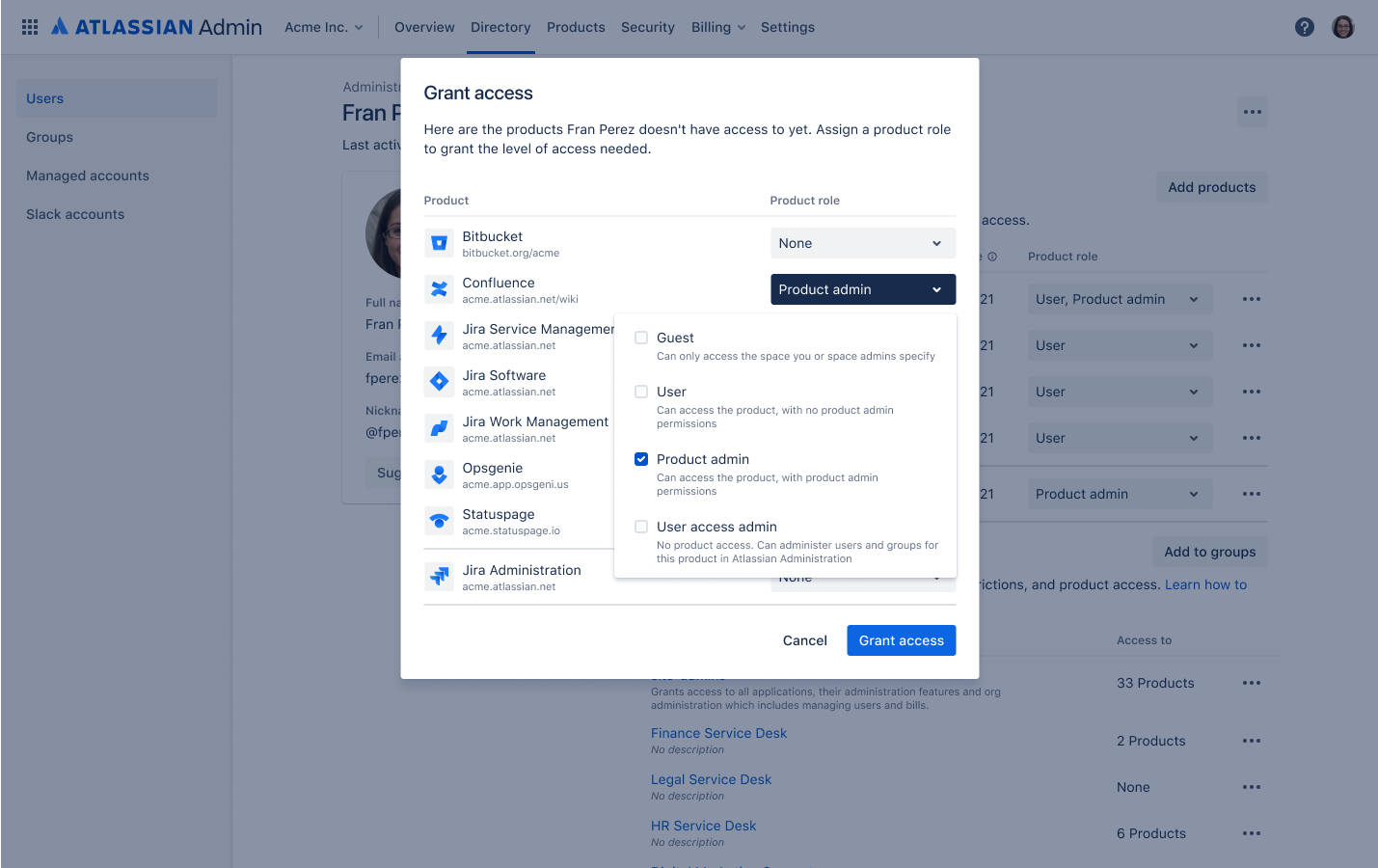 User details page, select add products, assign the product admin role for Confluence