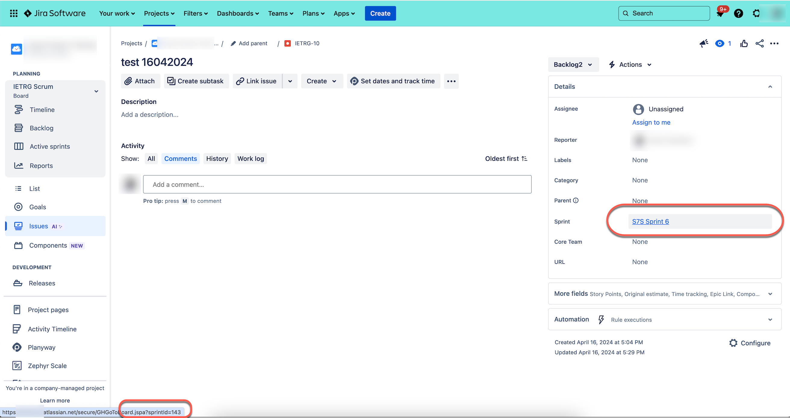 sprint ids appear when hovering over the sprint on issue view