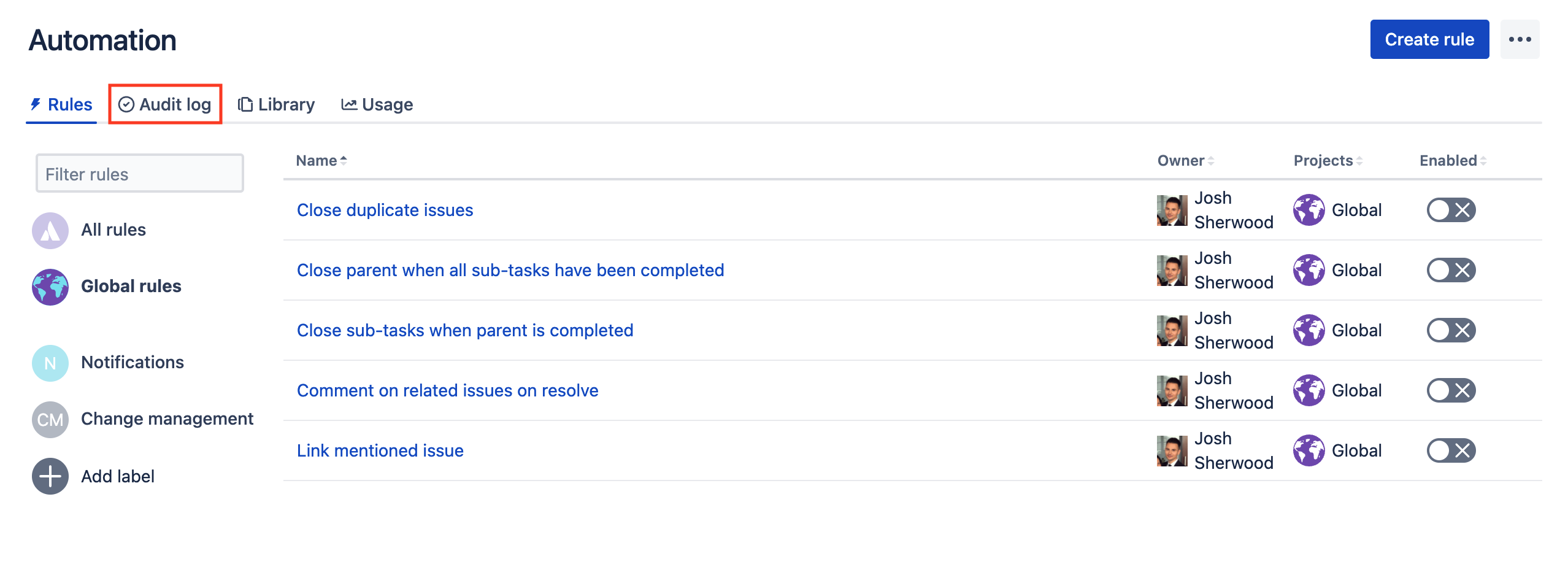 Global automation screen in Jira. "Show audit log" button is highlighted to emphasize its position in the "more" menu.