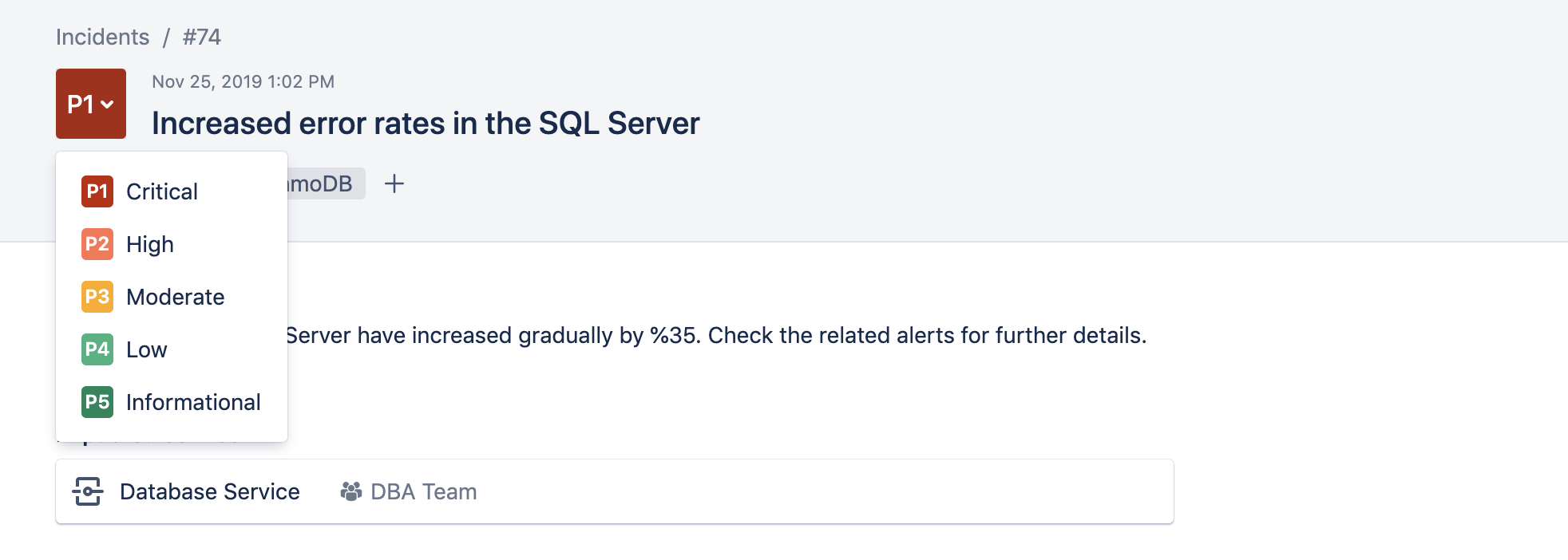 A screenshot that shows how to increase priority level of incident in Opsgenie